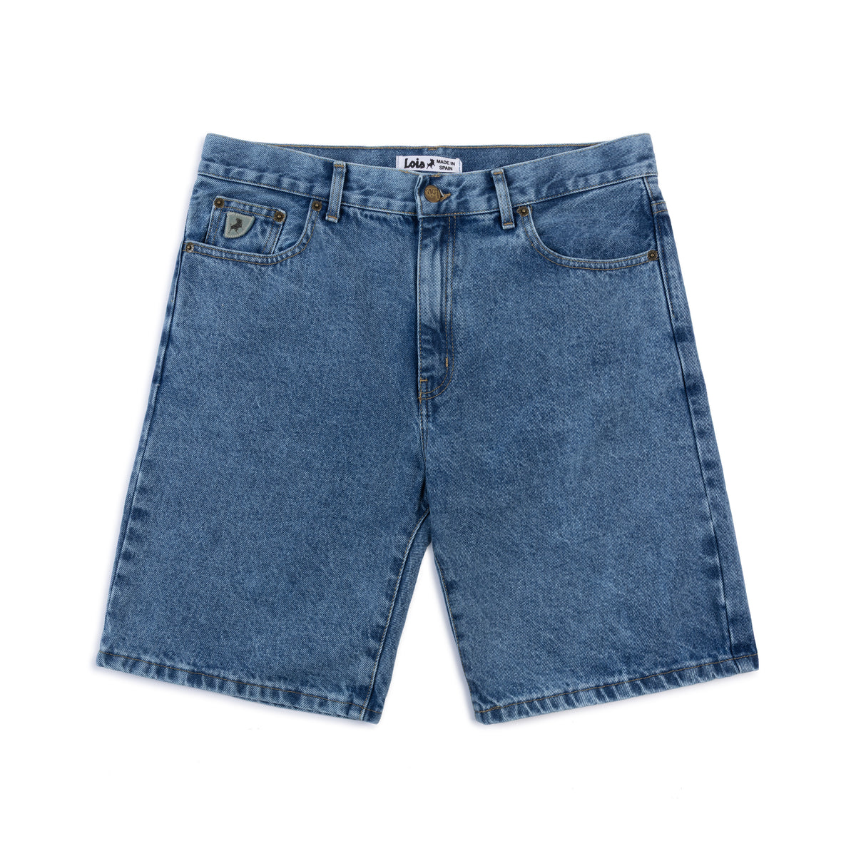 Blue denim shorts on a white background