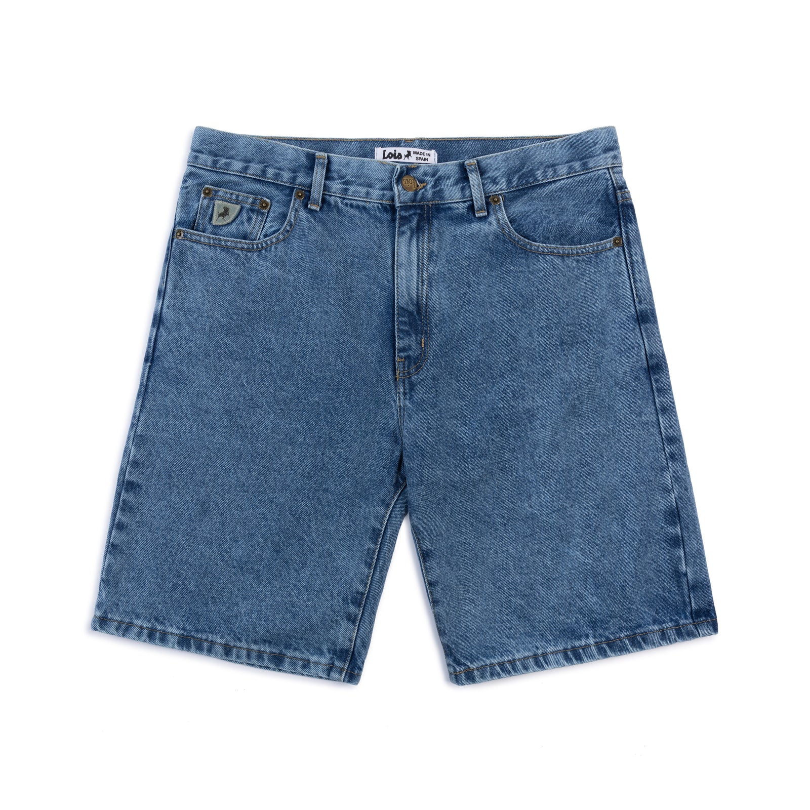 Blue denim shorts on a white background