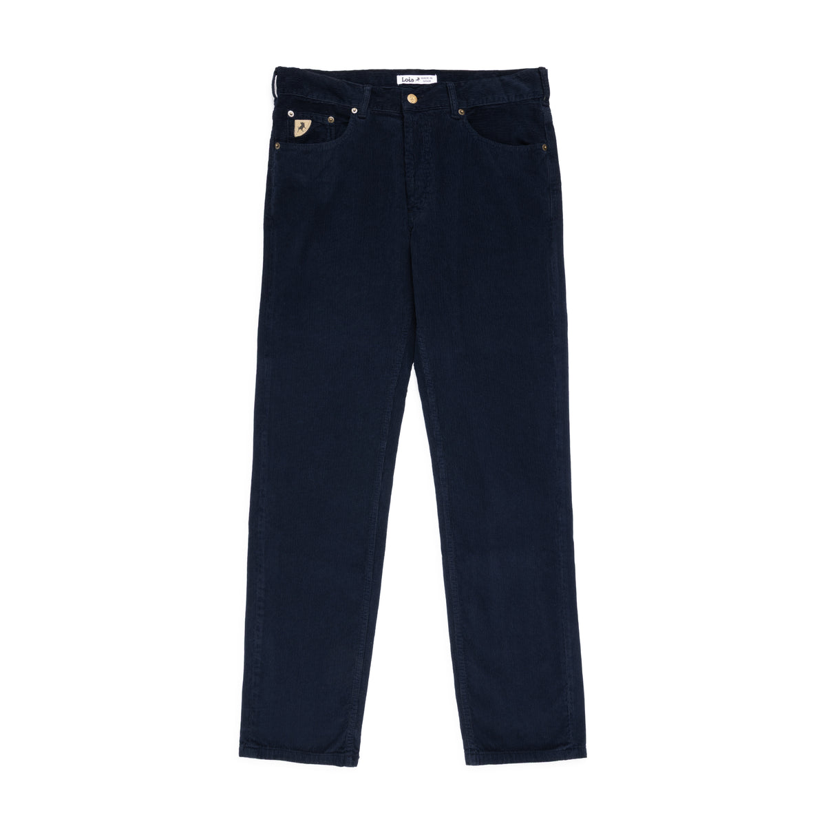  A pair of dark navy blue cords shown from the front, featuring a loose taper-leg fit, two front pockets, and a small trianglular brand patch on the right coin pocket. shot flat against a solid white background.