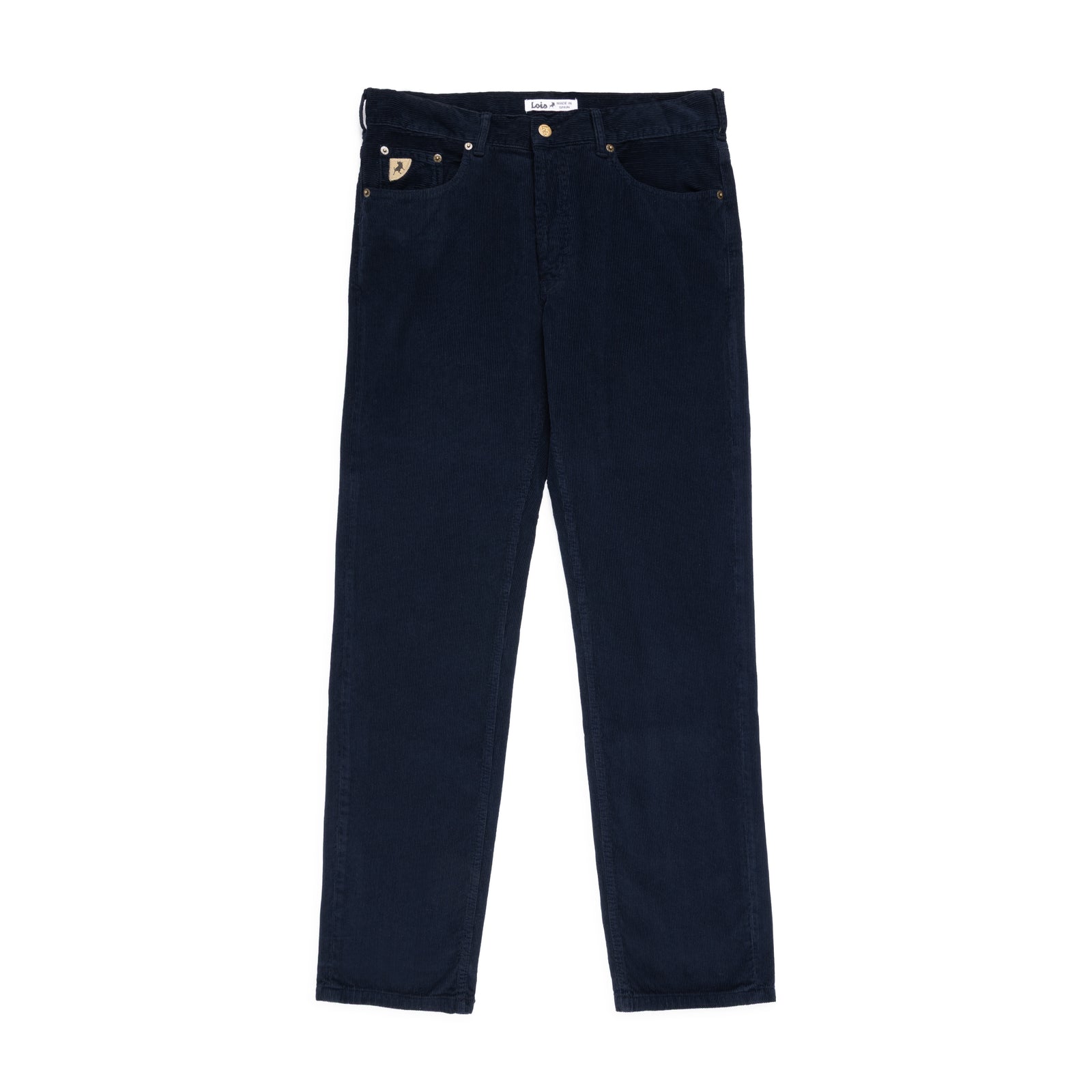  A pair of dark navy blue cords shown from the front, featuring a loose taper-leg fit, two front pockets, and a small trianglular brand patch on the right coin pocket. shot flat against a solid white background.