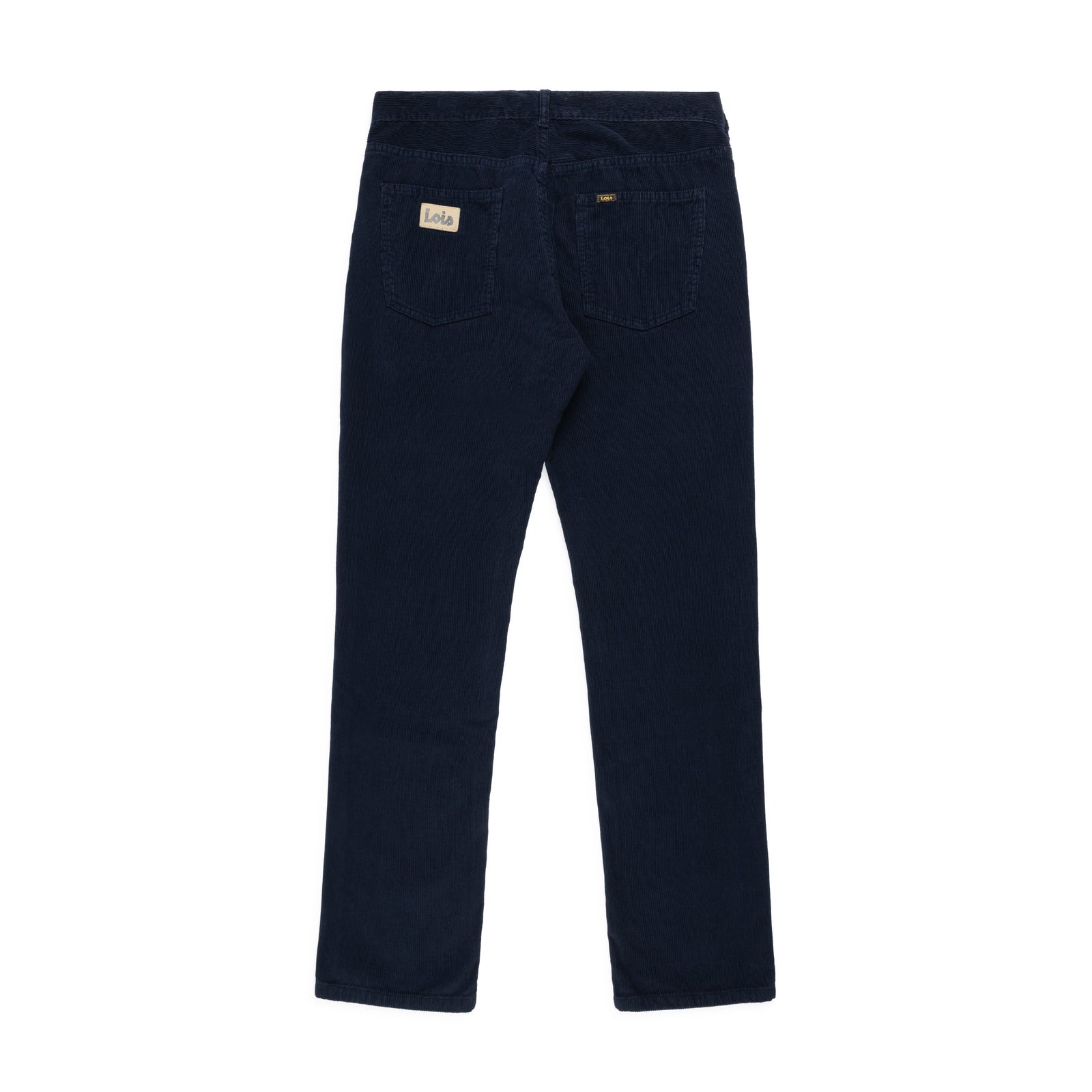  A pair of dark navy blue cords shown from the front, featuring a loose taper-leg fit, two front pockets, and a small trianglular brand patch on the right coin pocket. shot flat against a solid white background.