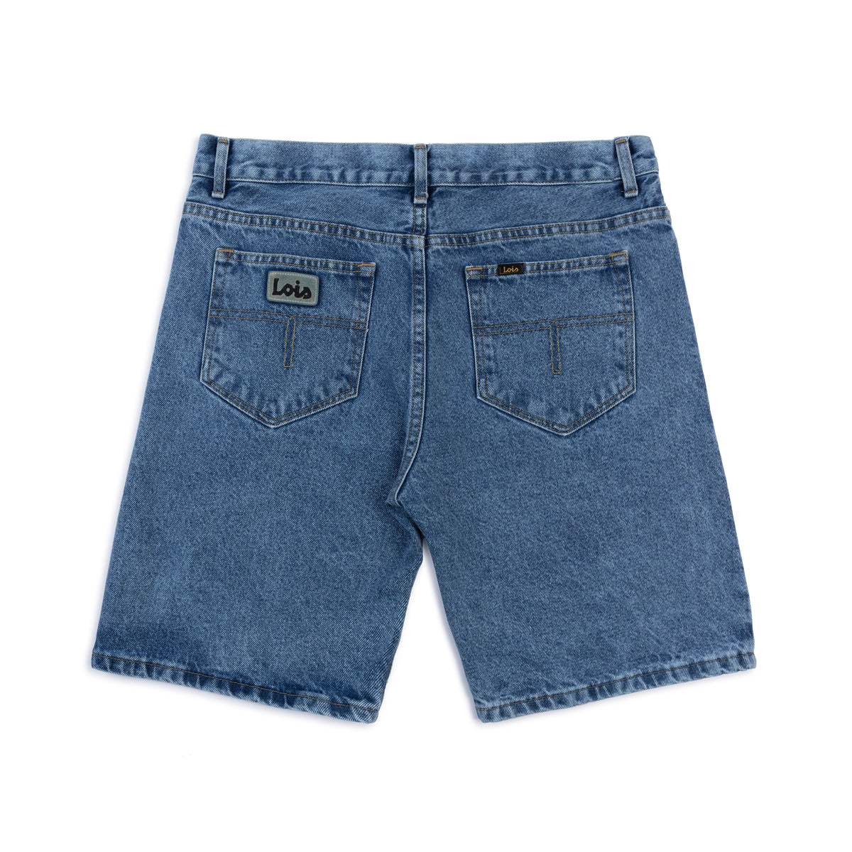 Blue denim shorts on a white background