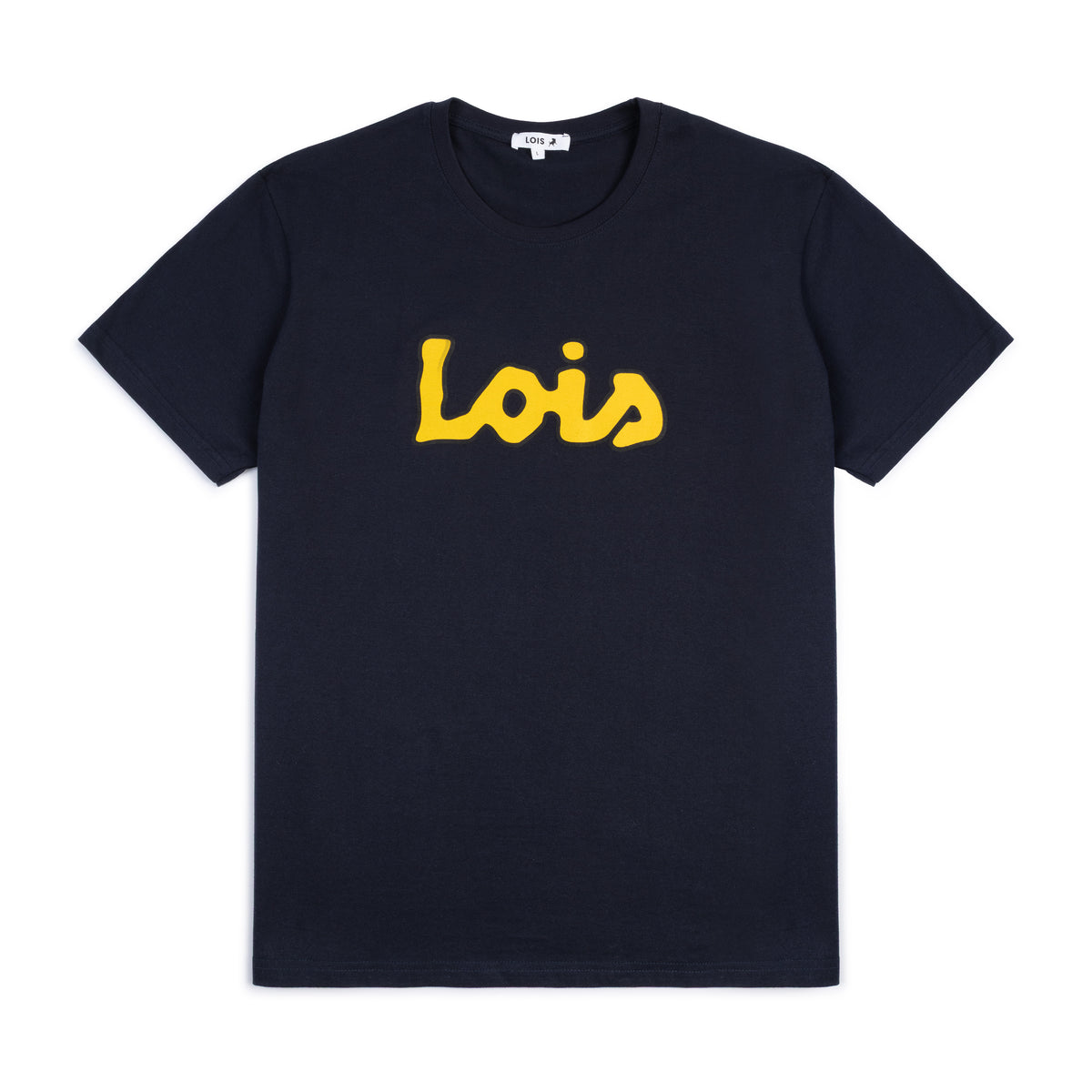 Black t-shirt with yellow 'Lois' logo on a white background