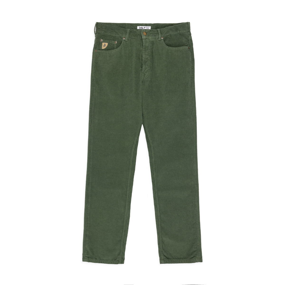 A pair of corduroy pants in dried herb colour shown from the front, featuring two front pockets with a small triangular Lois branded patch on the left coin pocket, set against a plain white background.