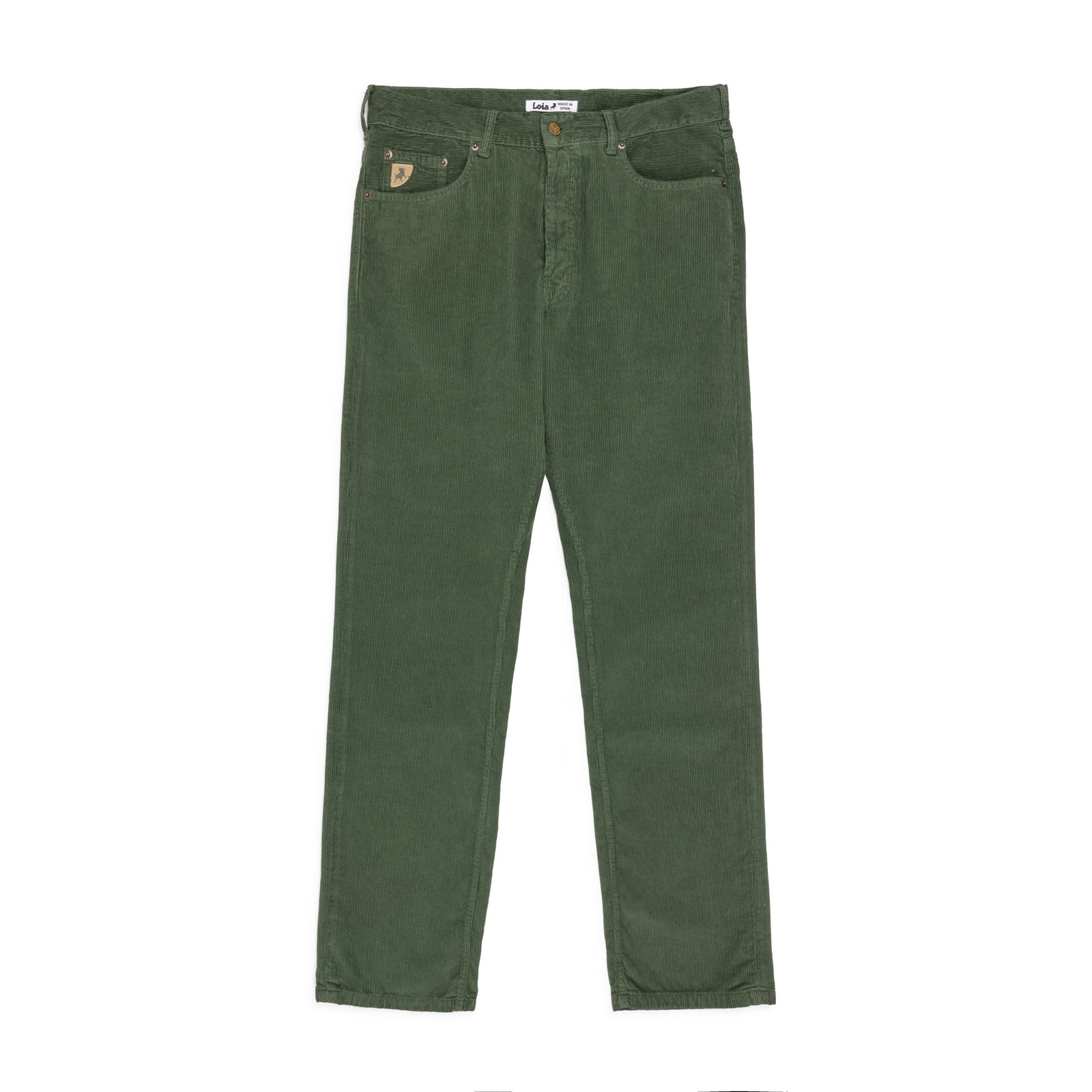 A pair of corduroy pants in dried herb colour shown from the front, featuring two front pockets with a small triangular Lois branded patch on the left coin pocket, set against a plain white background.