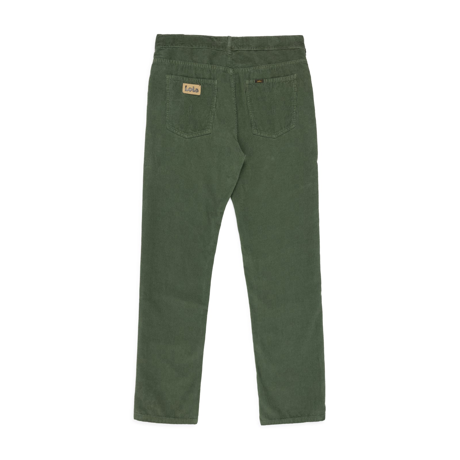 A pair of corduroy pants in dried herb colour shown from the front, featuring two front pockets with a small triangular Lois branded patch on the left coin pocket, set against a plain white background.