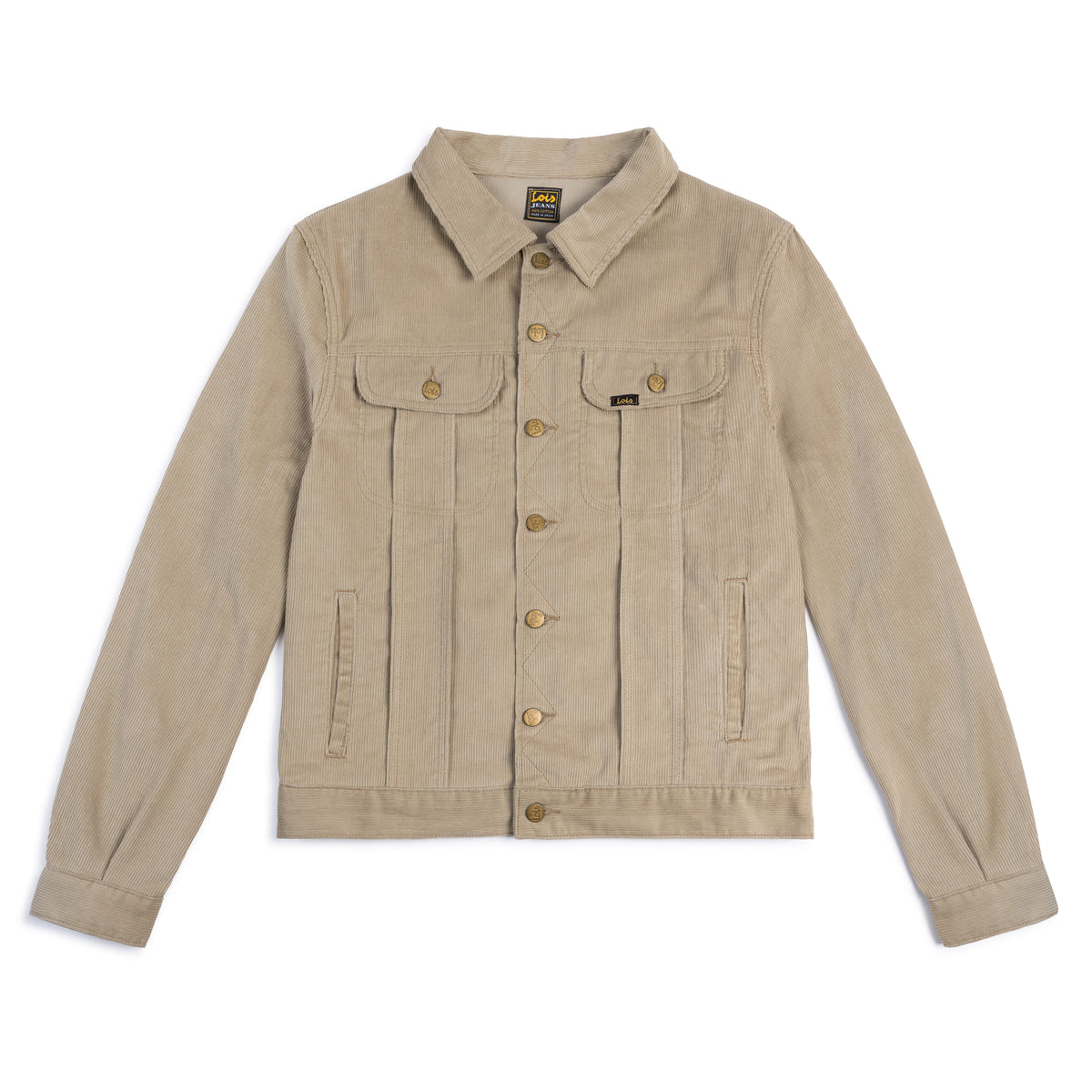 Beige jacket with button details on a white background