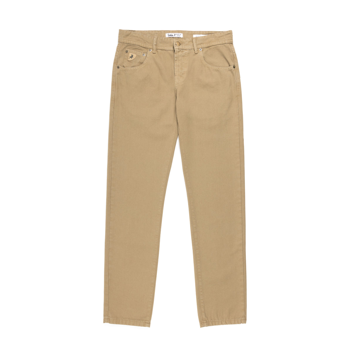 A pair of cotton canvas 5 pocket jeans in colour fall leaf, featuring 2 front pockets and a branded coin pocket shown flat against a solid white background.