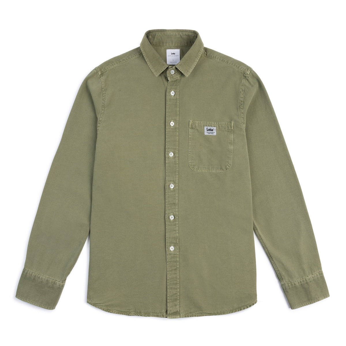 Green button-up shirt on a white background
