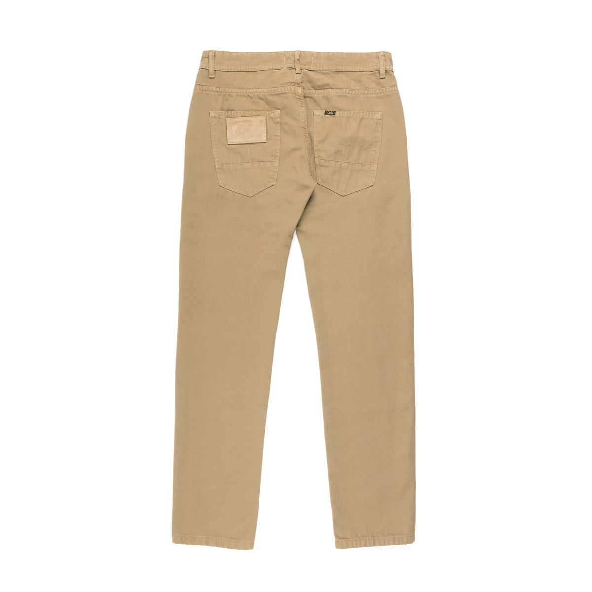 A pair of fall leaf coloured slim-taper jeans shown from the back, featuring two back pockets with a leather patch on the left pocket and a small black brand tag on the right pocket, set against a plain white background.