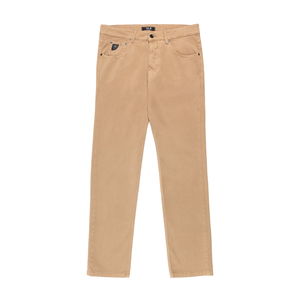 A pair of regular taper-fit jeans in a tobacco brown colour, shown flat against a solid white background.