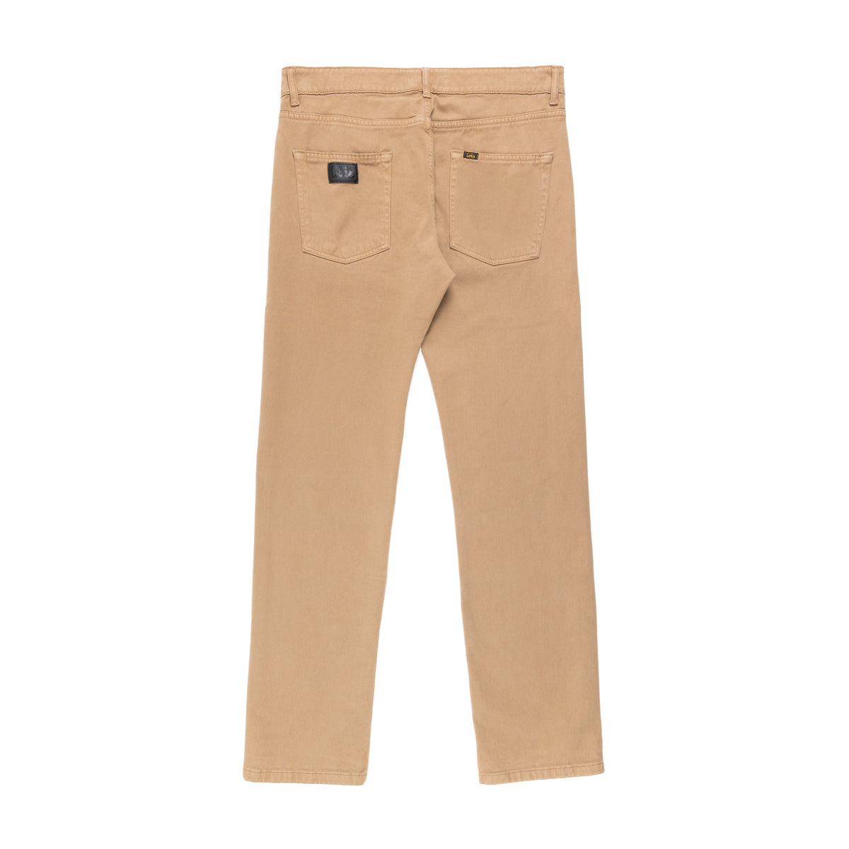Back view of a pair of tobacco brown moleskin regular taper fit pants with two back pockets, shown flat on a white background.