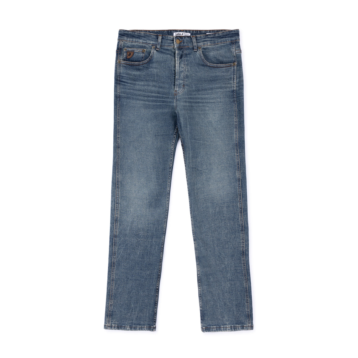 boot cut washed denim jean on white background