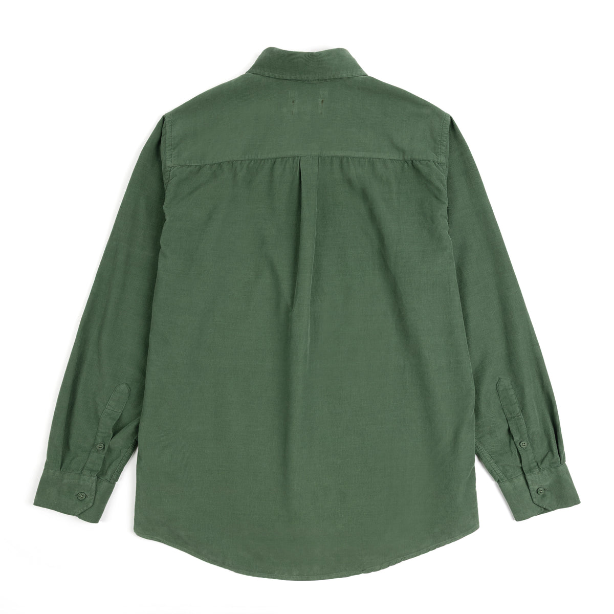 A dried herb coloured corduroy  long-sleeve button-up shirt shown from the back, laid flat against a solid white background.