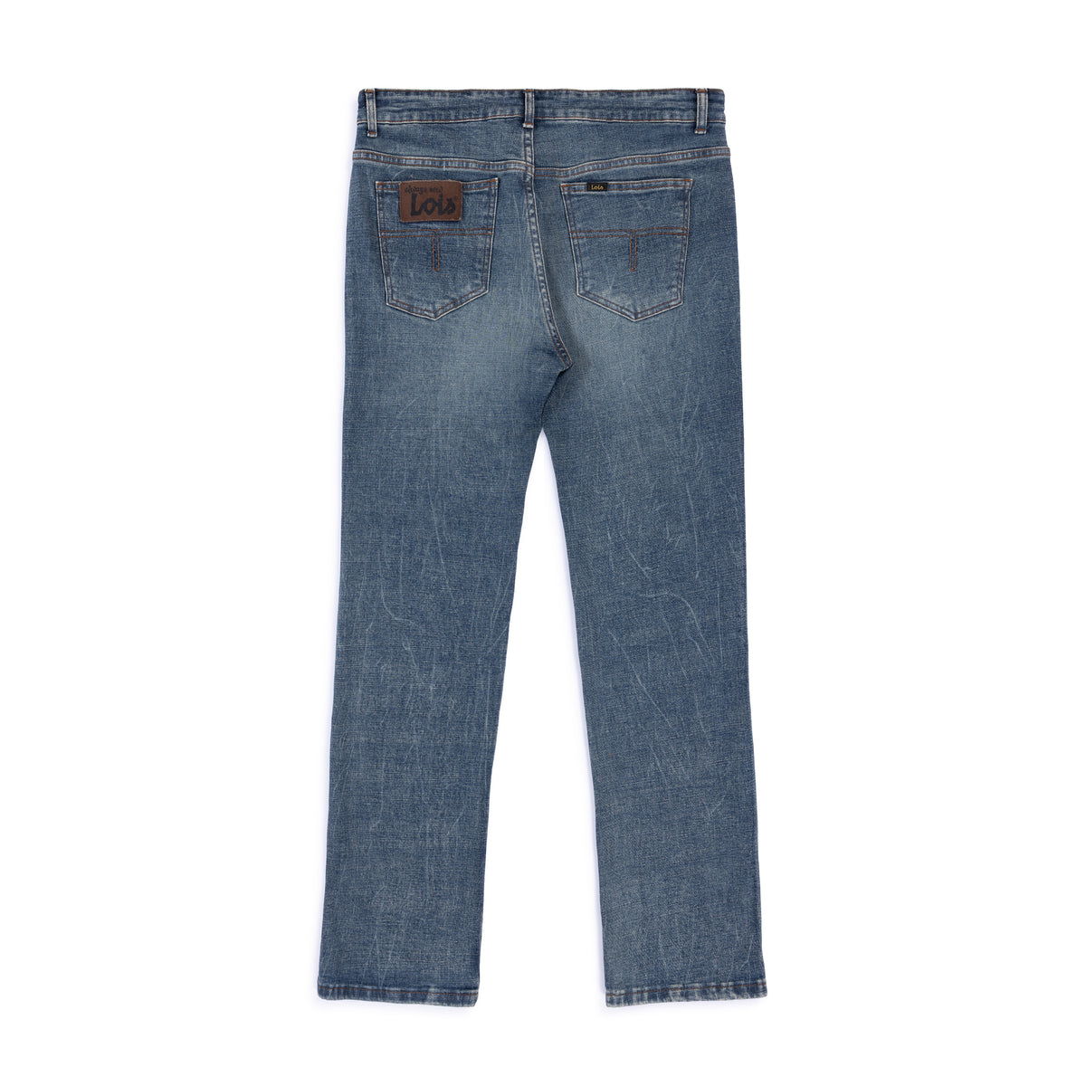rear view boot cut washed denim jean on white background