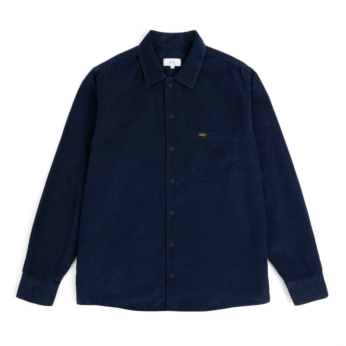 A dark navy blue long-sleeve button-up corduroy shirt with a classic collar and a single chest pocket, laid flat against a solid white background.