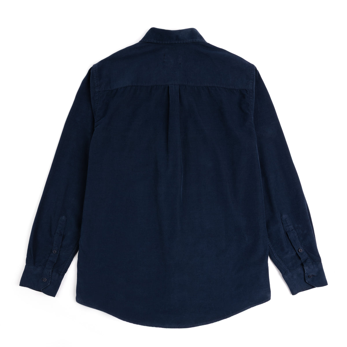 A dark navy blue long-sleeve button-down corduroy shirt shown from the back, laid flat against a solid white background.