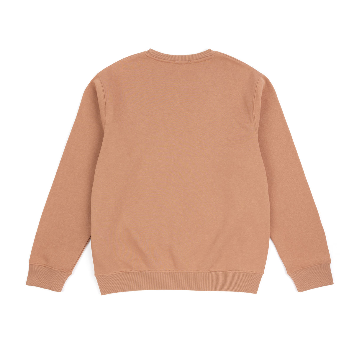 A mocca brown crewneck sweatshirt shown from the back,  laid flat against a clean white background.