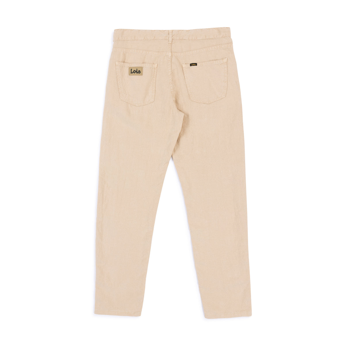 Beige pants with a brand logo on a white background